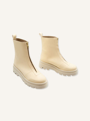 Bogota cream vegan boots for women shown as a pair with chunky sole and minimalist design