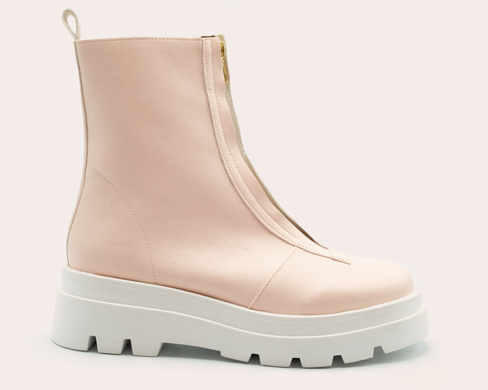 Close up side view of Bogota rose vegan boots for women highlighting chunky sole and minimalist design