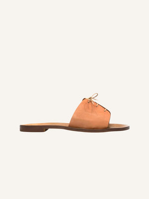 Side view of Cali vegan sandals in cognac leather with rose lace detail on neutral background