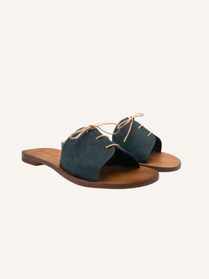 Angled view of Cali vegan sandals in gravel blue with lace detail shown as a pair on neutral background