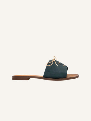 Side view of Cali vegan sandals in gravel blue with lace detail on neutral background