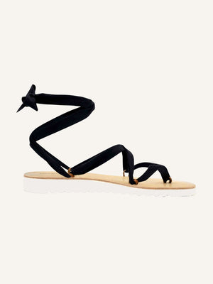 Chalco black vegan lace-up ribbon travel platform sandals side view with ankle ties