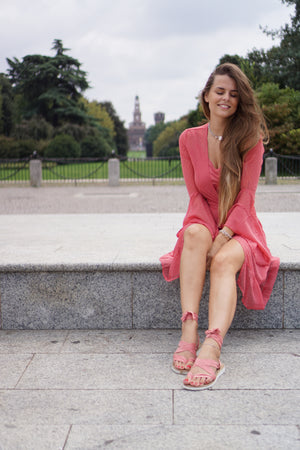 Chalco coral vegan lace-up ribbon travel platform sandals on-foot lifestyle sitting with ankle ties