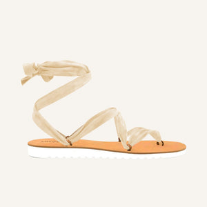 Chalco ivory vegan lace-up ribbon travel platform sandals side view with ankle ties