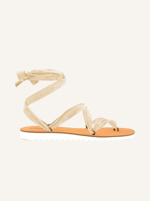 Chalco ivory vegan lace-up ribbon travel platform sandals side view with ankle ties