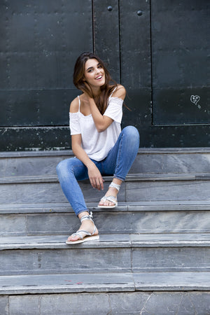 Chalco white vegan lace-up ribbon travel platform sandals on-foot lifestyle with ankle ties