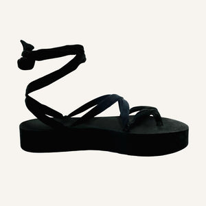 Charo black vegan lace-up ribbon travel platform sandals side view with ankle ties