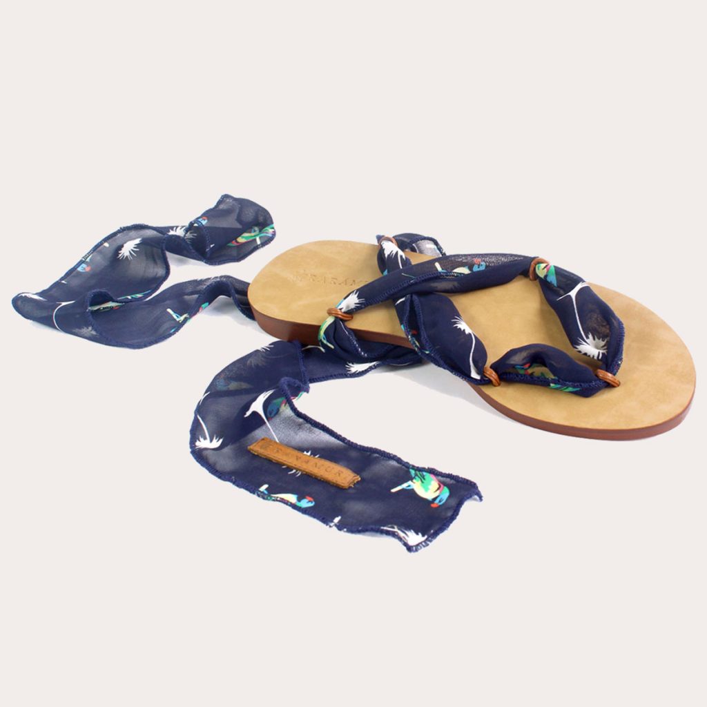 Rarámuri sandals with deep navy ribbons featuring delicate floral prints.